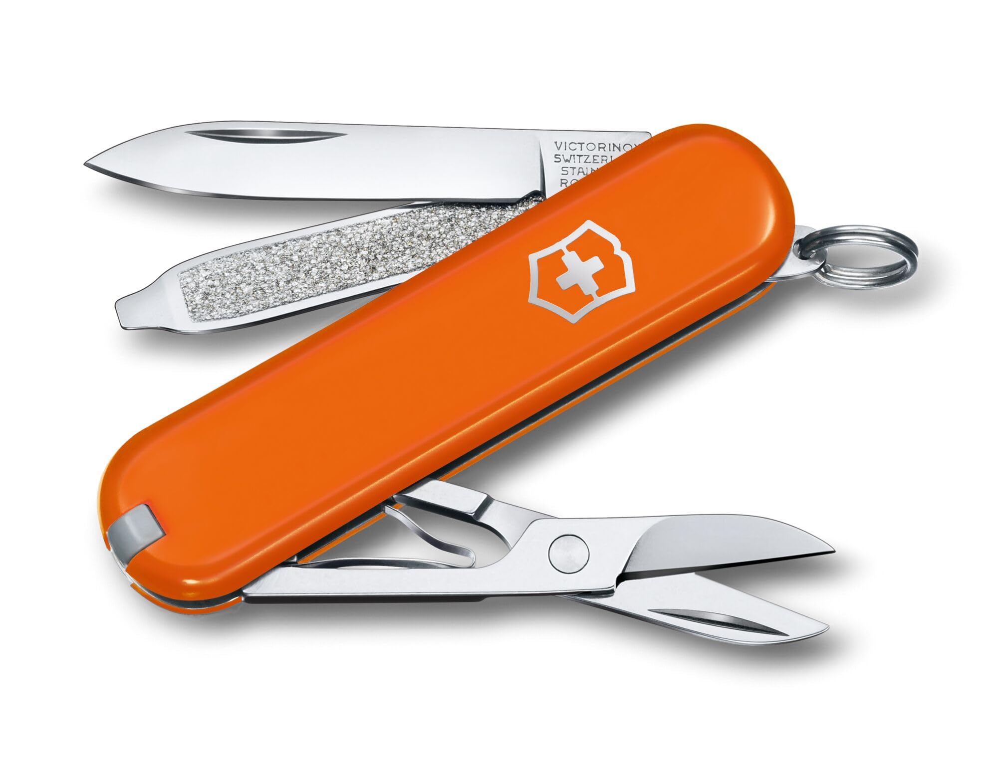 Victorinox Classic SD Mini Swiss Army Knife, Camping Pocket Knives, 7 Functions, Blade, Keyring, Orange