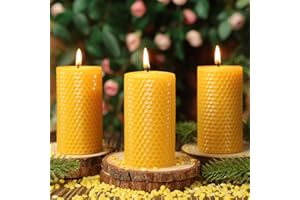 MAKALONE 3 Pack Natural Beeswax Pillar Candles,Handmade Pure Beeswax Rolled Candle-60 Hours Long Burning,Honeycomb Bees Wax Candles for Home, Prayer,Dripless Smokeless Unscented Pillar Candle 2x4in