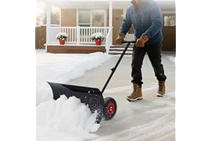 EliteEdge 29” Wide Snow Shovel for Driveway, Heavy-Duty Metal Snow Plow with Angled Blade, Ergonomic Handle & Wheels for Effi