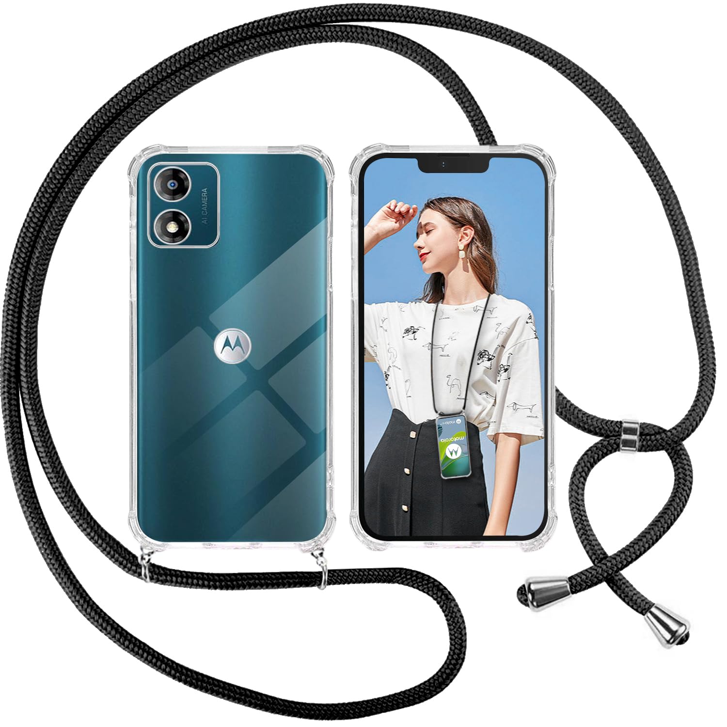 ISOI Case with Rope for Motorola Moto E13, Transparent TPU Soft Silicone Case with Adjustable Pendant Strap Necklace Neck Strap Chain Lanyard, Black