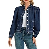 LifeShe Puff Sleeve Denim Jacket for women Ruffle Neck Jean Jacket Trendy 2025 Fall boyfriend Shacket