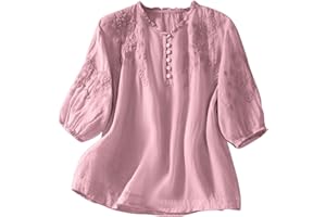 Women's Embroidered Cotton Linen Shirts 3/4 Lantern Sleeve Henley Tops Summer Plus Size Loose Fit Basic Blouses