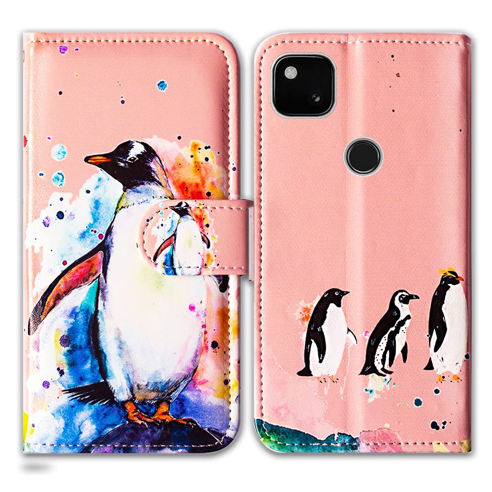 Bcov Google Pixel 4a Case, Penguin Drawing Leather Flip Wallet Case Phone Cover with Card Slot Holder Kickstand For Google Pixel 4a
