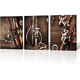 NutArtPic Vintage Fishing Canvas Wall Art Fisherman Man Cave Pictures Paintings Brown Fishing Tackle Artwork Prints Framed Home Decor 12''x16''x3panels