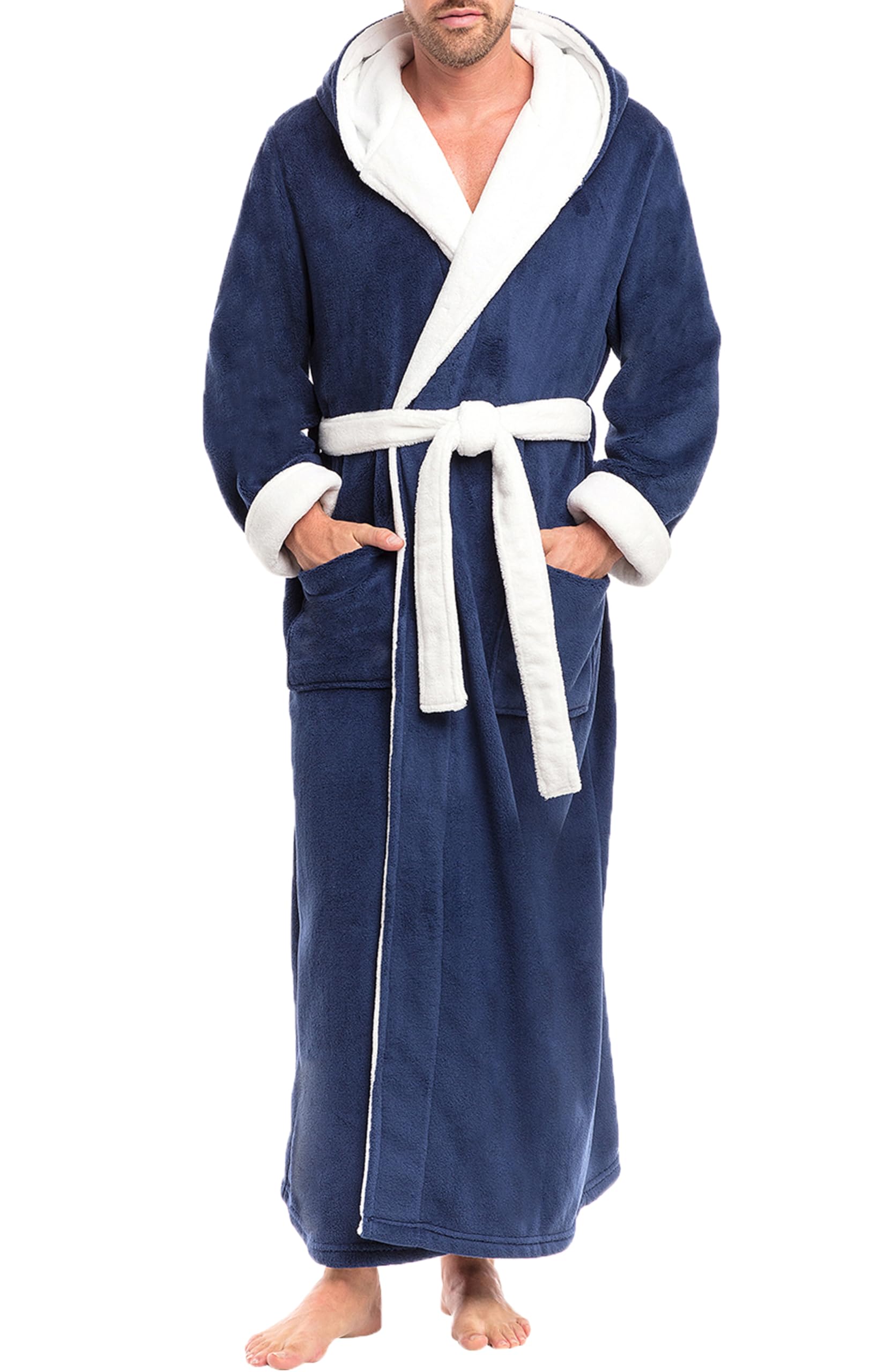 Alexander Del Rossa Mens Robe, Plush Fleece Hooded Bathrobe Men, Big and Tall Robe Navy Blue with White 6XL (A0125NBW6X) Image