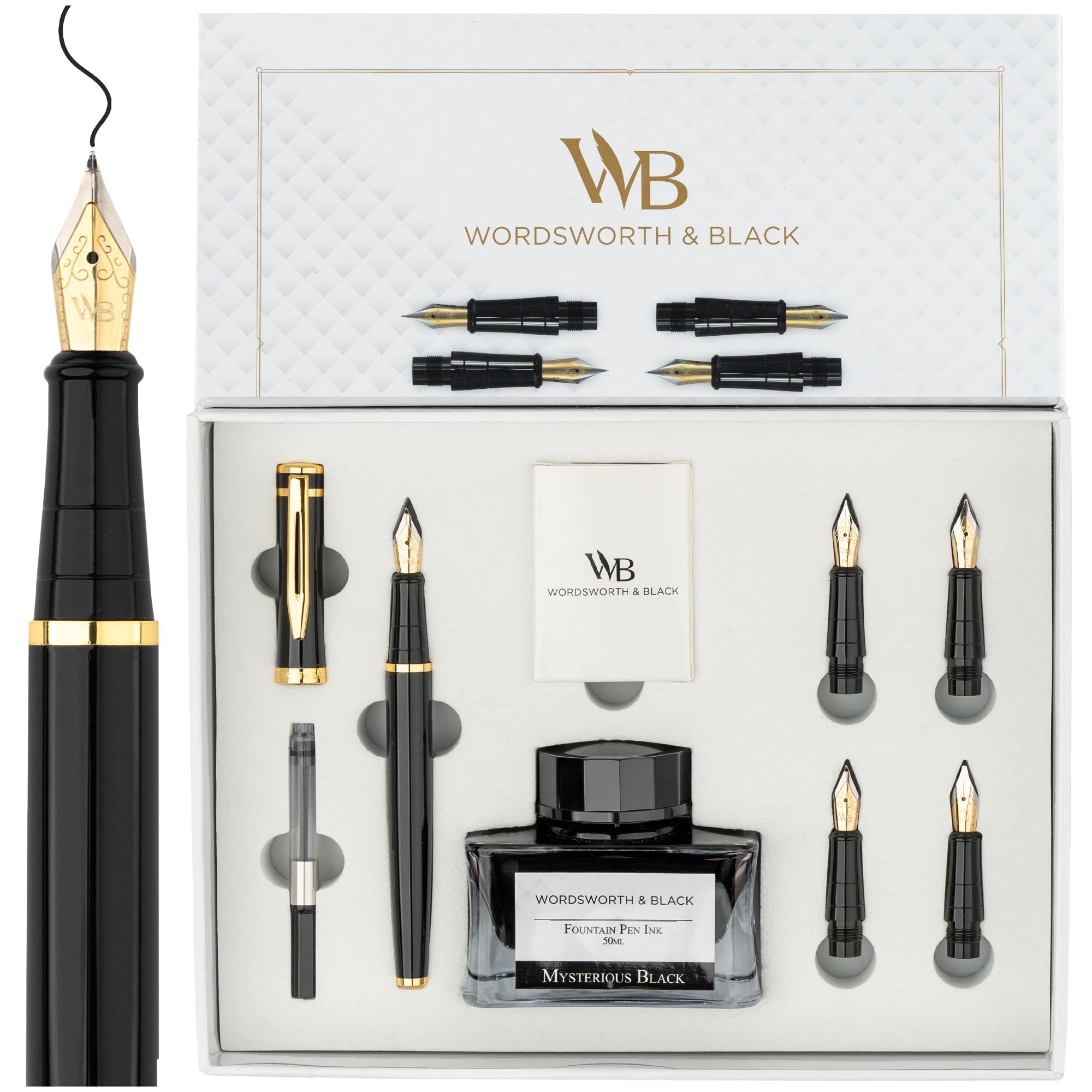 Wordsworth & Black Fountain Pen Gift Set, Includes Ink Bottle, 6 Ink Cartridges, A Refill Converter, 4 Replacement Nibs, Premium Package, Journaling, Calligraphy, Smooth Writing Pens [Black Gold]