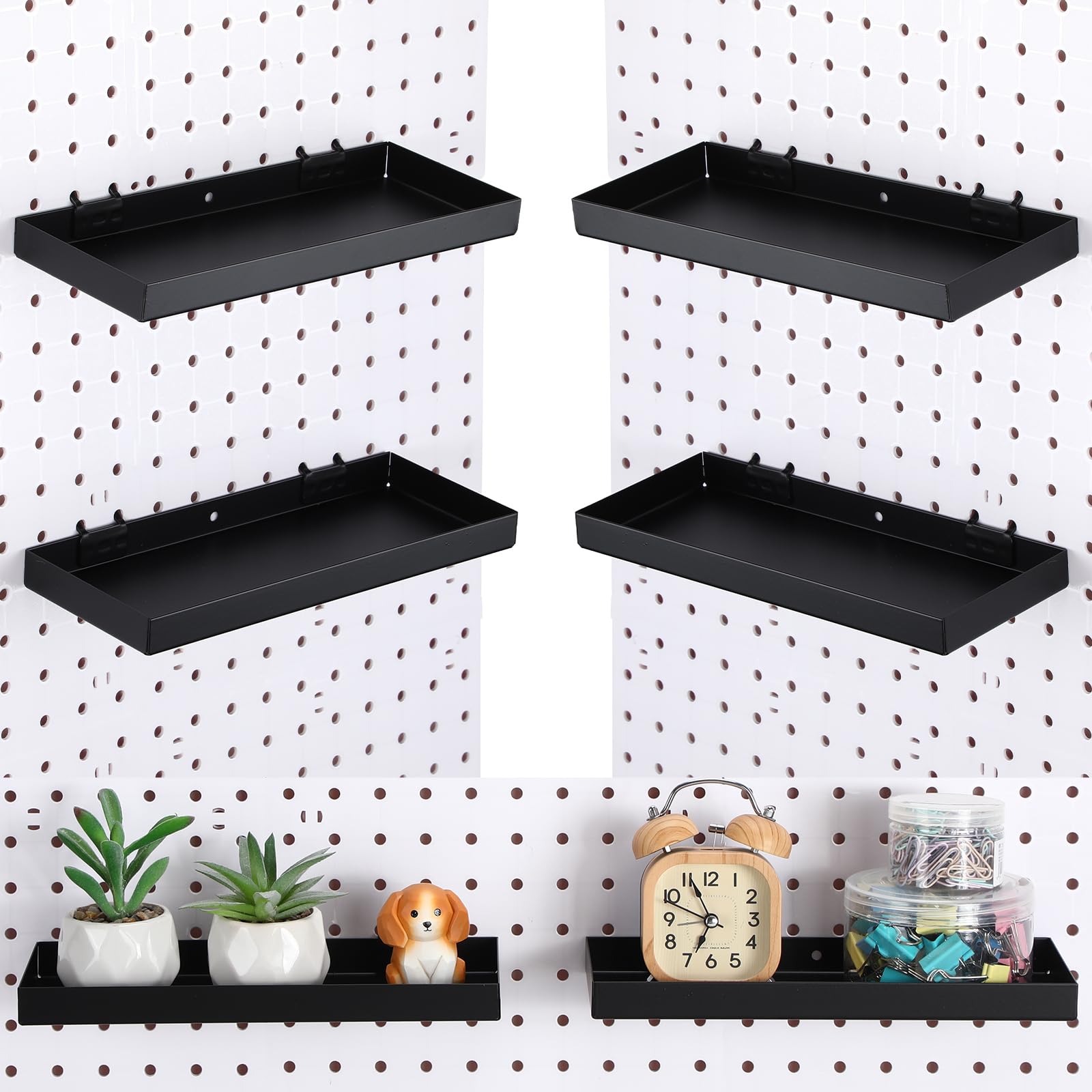 Photo 1 of Blulu 4 Pcs Pegboard Shelves, 10 x 4 Inch Metal Heavy Duty Wall Mounted Pegboard Shelf Tray Accessories with Lip for Craft Room Home Garage Kitchen Workbench Organize and Storage (Black)