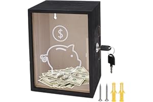 Clear Piggy Bank with Lock, Wooden Openable Money Coin Saving Jar, Large Capacity Cash Storing Container for Adults Kids Boys