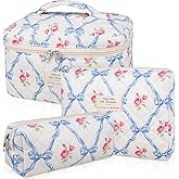 Gosect Makeup Bag Set, Quilted Makeup Bag, Large Floral Cosmetic Bag for Women, Cute Cotton Makeup Bags, Flower Travel Toiletry Organizer Bag (Blue Flower)