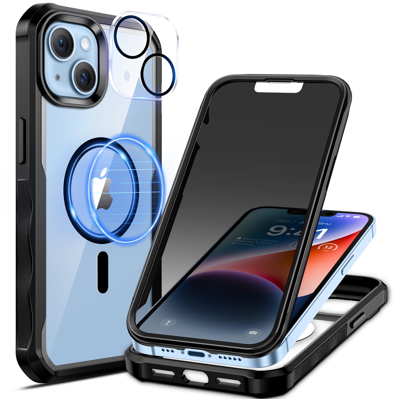 seacosmo Magnetic for iPhone 13 Privacy Case, Fit for Magsafe [Built-in Tempered Glass Screen Protector + Camera Protection] Full Body Shockproof Clear Back Cover for iPhone 13 - Black
