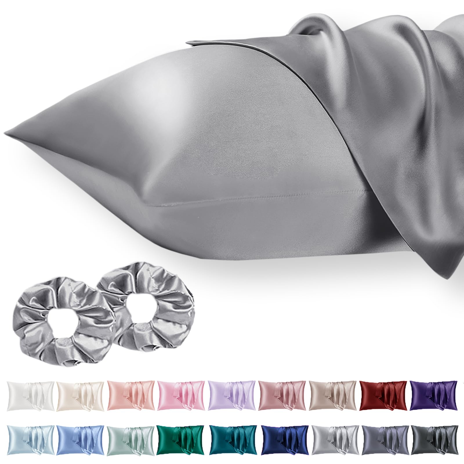 Vielit 2 Pack Satin Pillowcase for Hair and Skin Cooling,Soft as Silk Pillowcase for Hair and Skin,Easier Care than Silk Pillow Case Grey 50x75cm Gifts for Women Envelope & 2 Scrunchies