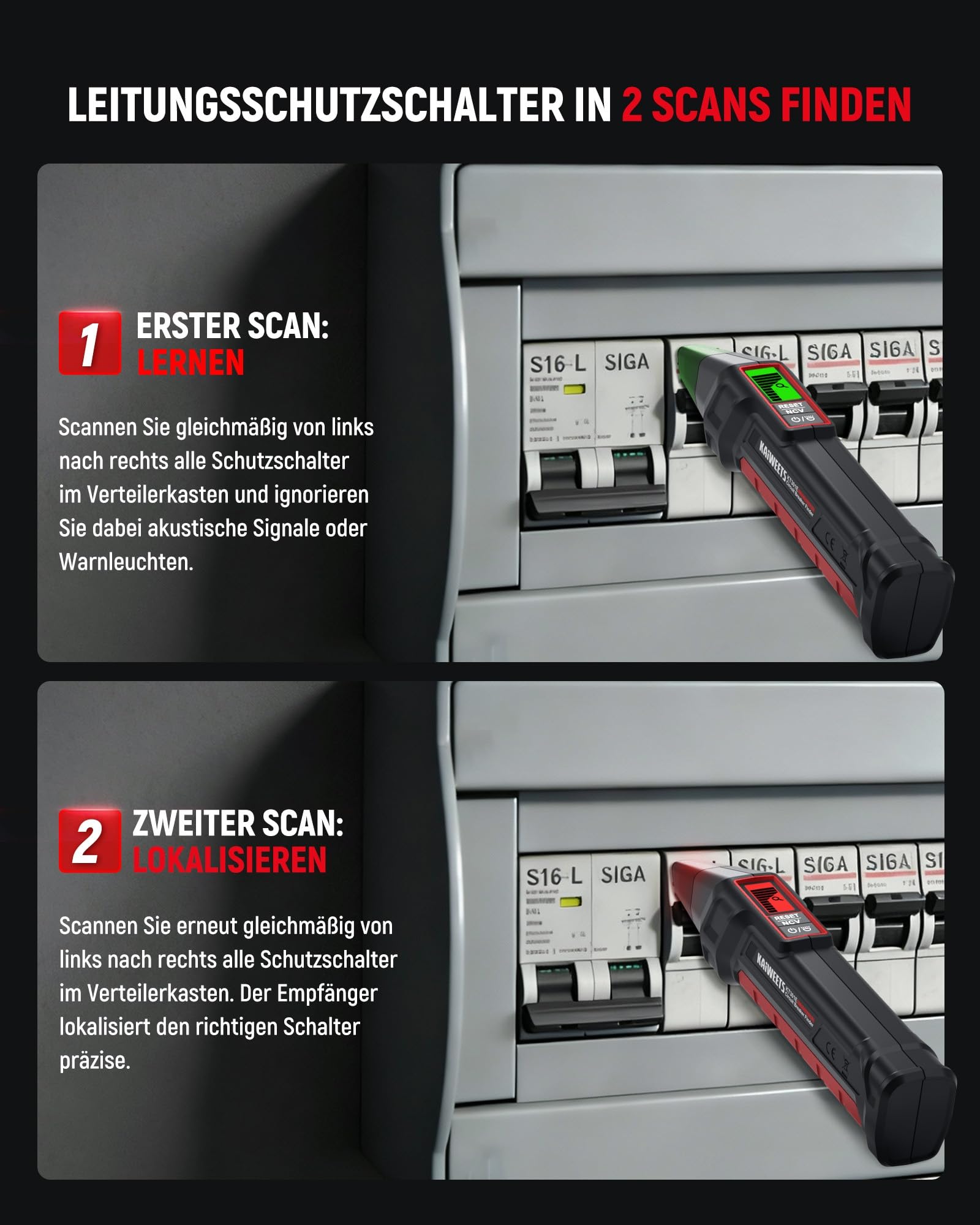 KAIWEETS Sicherungsfinder Set mit 2,2 Zoll LCD, Steckdosentester mit RCD-Test zur Verdrahtungsprüfung, Leitungssucher mit NCV und LED-Taschenlampe für Elektriker und Heimgebrauch 2