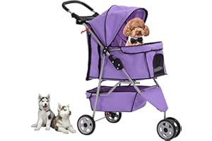 RUESLEAG Dog Stroller,3 Wheels Travel Folding Pet Strollers for Small Medium Dog Cat Jogger Stroller with Storage Basket Removable Liner Purple
