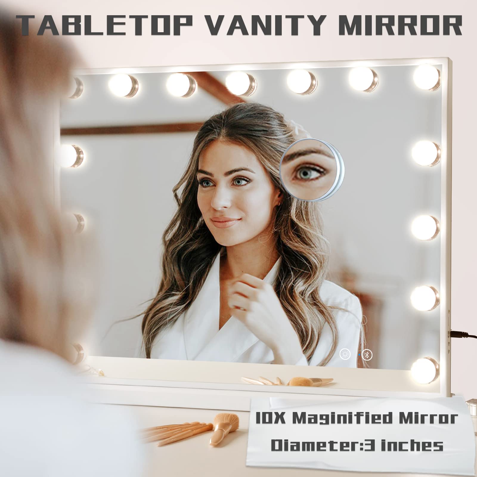 COOLJEEN Vanity Mirror with Lights and Bluetooth, Hollywood Makeup Mirror with 15 Dimmable LED Bulbs and USB Charging, 3 Color Modes Lighted Vanity Mirror, Tabletop/Wall-Mount (Shatterproof Glass)