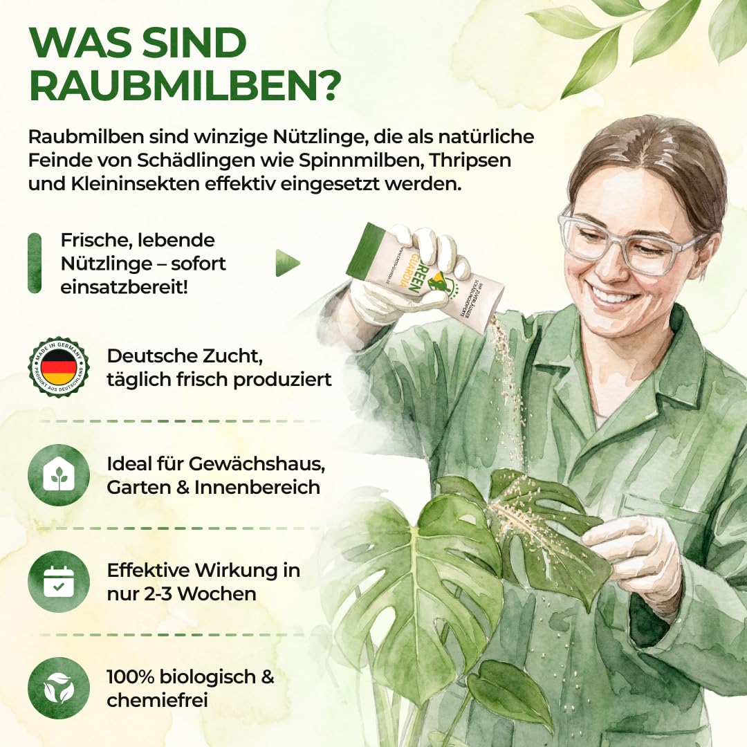 GREEN GUARDIA Power Raubmilben gegen Spinnmilben – 10 Tüten - Biologisches Mittel zur effektiven Spinnmilben Bekämpfung für Zimmer- & Zierpflanzen sowie Canna. – chemiefreie Mittel 5