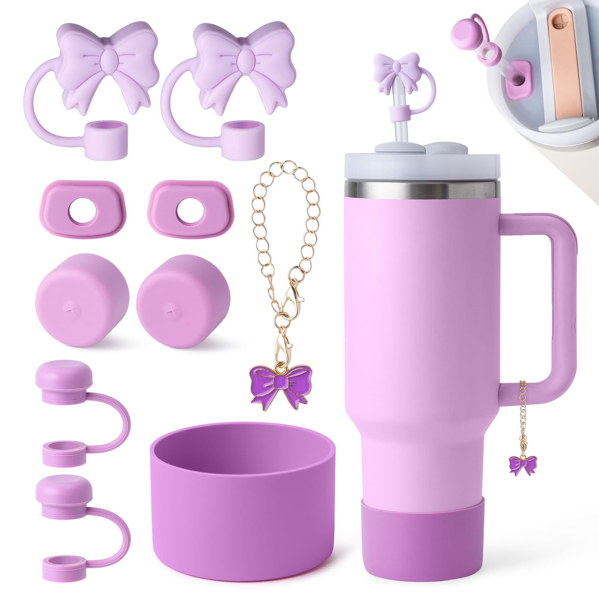 Photo 1 of 10PCS Stanley Cup Accessories Set, Stanley Accessories Include 2PCS Bow Straw Covers, 1 Cute Bow Handle Charm, 2 Set of 3 Silicone Spill-Proof Stoppers, 1 Silicone Boot Fits Stanleys Cup 40&30Oz