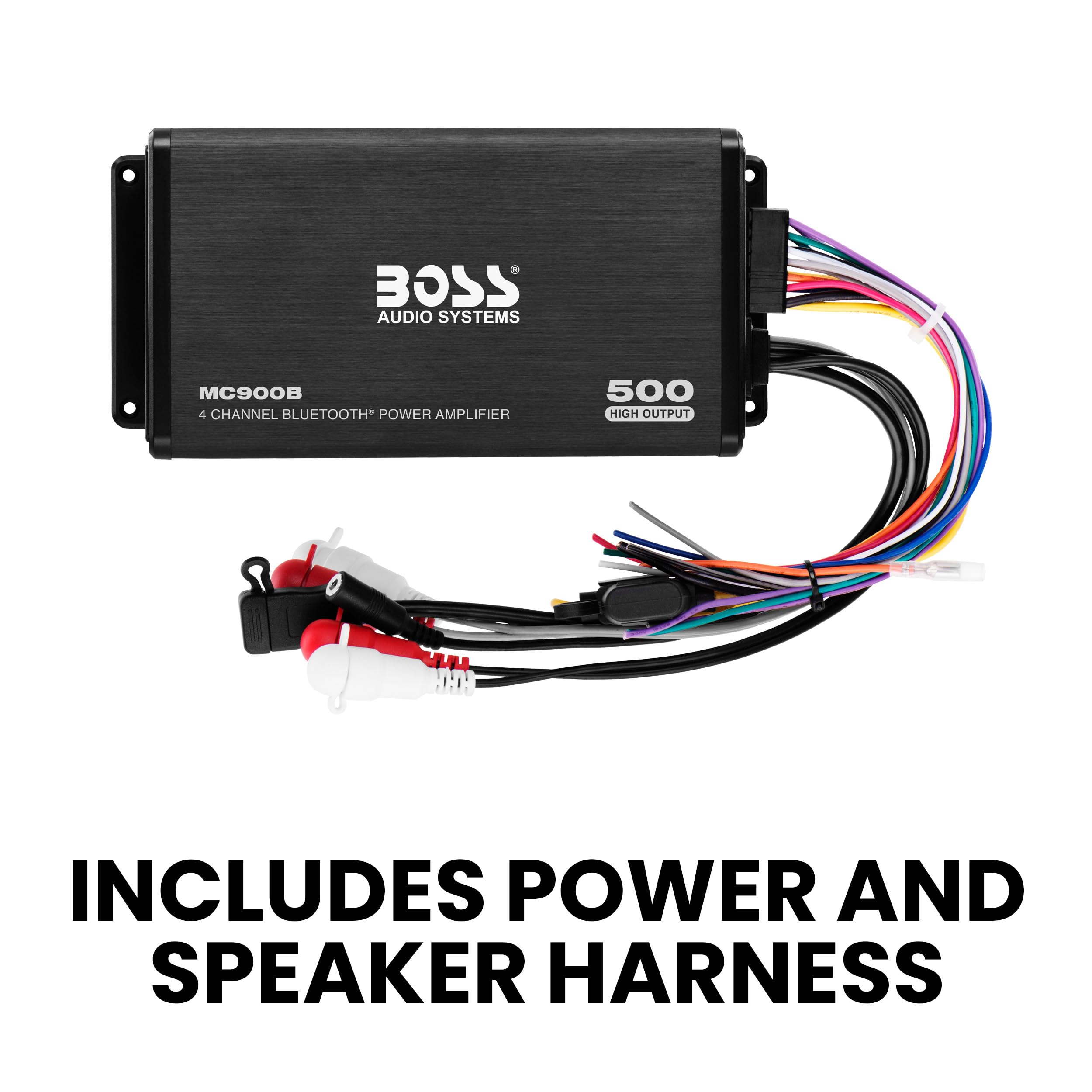 BOSS Audio Systems MC900B 4 Channel Amplifier for ATV UTV Car Marine - 500 High Output, Low Level Inputs, Full Range, Weatherproof, Bass for Subwoofer