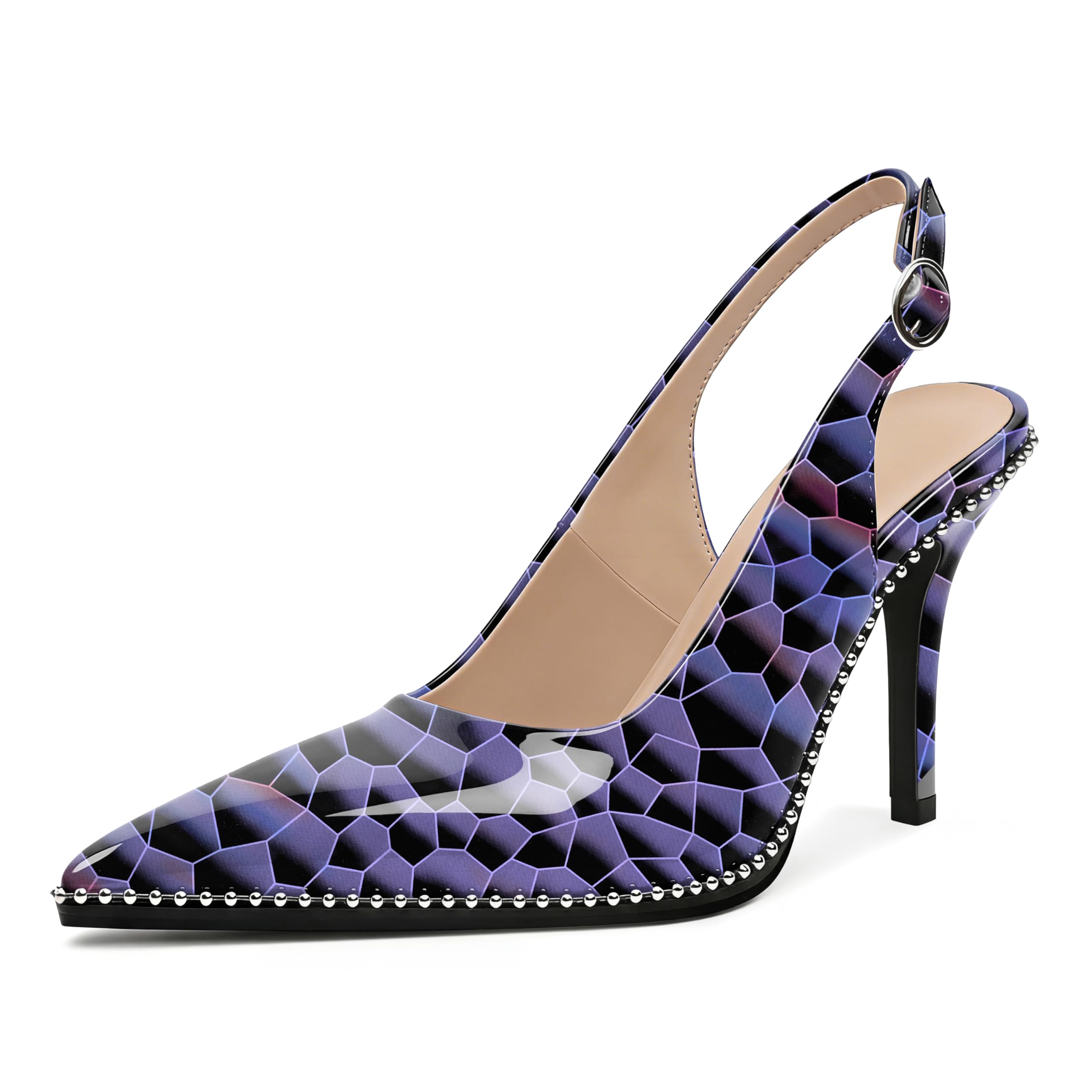 Zamikoo Women Beaded Pumps High Heel Slingback Pointed Toe Slip On Stilettos Ankle Strap Adjustable Buckle Dress Shoes Party Event Shiny Purple 3.5 Inches US Size 9.5 Image