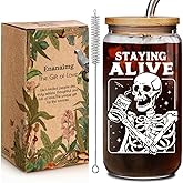 Enanaimg Funny Skeleton 16oz Glass Cups with Lids and Straws Gifts for Coffee Lover Best Friend, Novelty Staying Alive Skull Coffee Mug Tumbler Cup, Spooky Witch Witchy Birthday Gifts for Women
