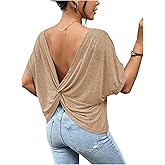 RoseSeek Women's Backless Twist Knot T Shirt Oversized Solid Short Sleeve Tees Open Back Asymmetrical Hem Casual Tops