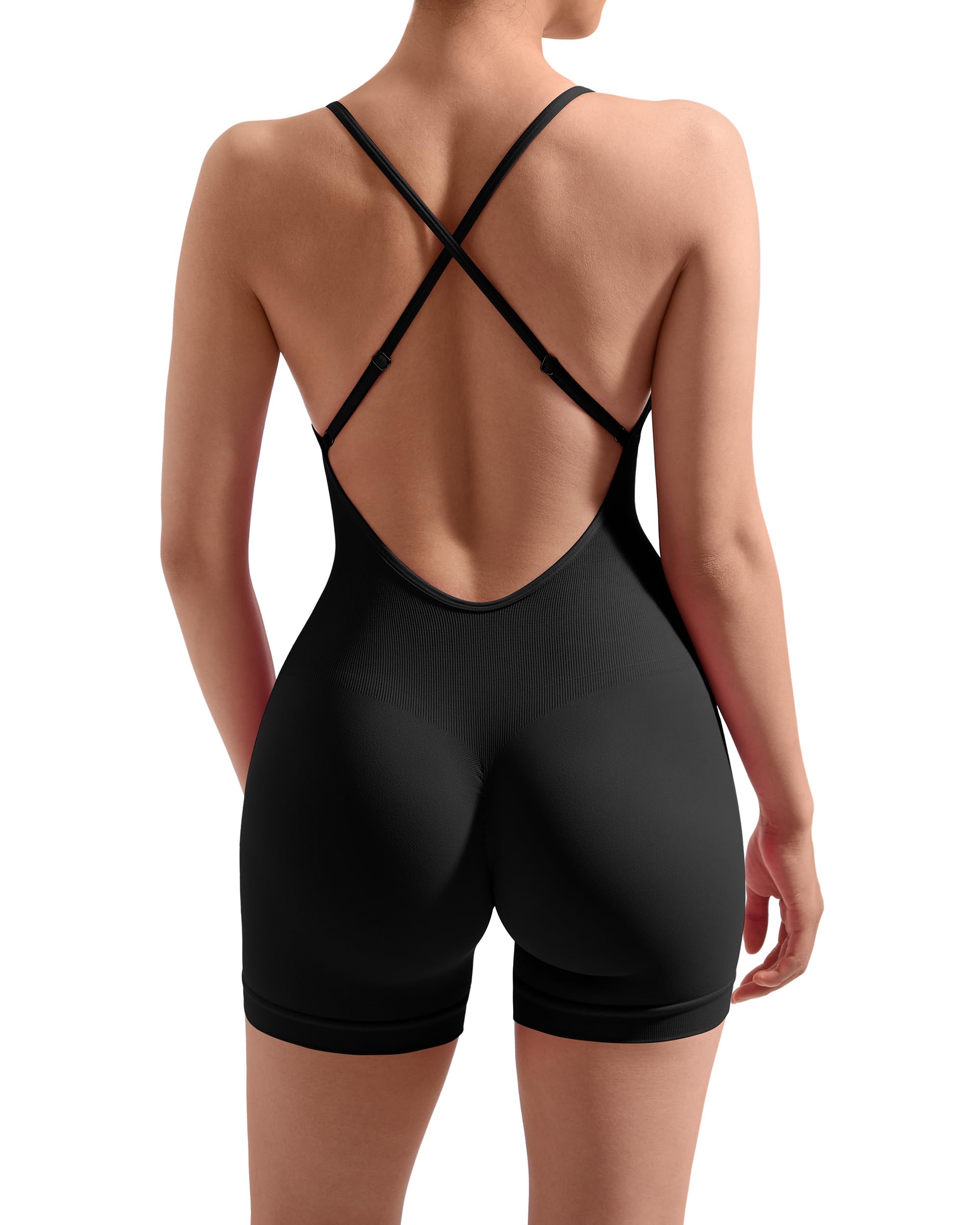 Photo 1 of MOOSLOVER Women Strappy Backless Jumpsuits Tummy Control Bodycon Yoga Romper One Piece Workout Jumpsuit Shorts(L,#1 Black)