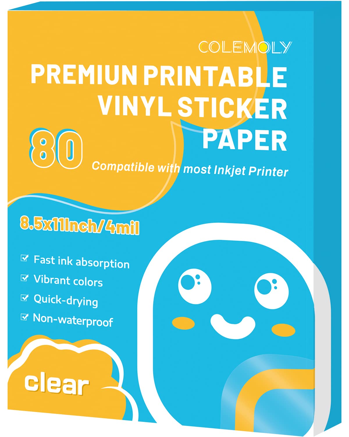 Photo 1 of Colemoly Clear Printable Vinyl Sticker Paper for Inkjet Printer-80 Transparency Sheets of 8.5’’x11’’ Self-Adhesive Decals Dry-Quick Labels Non-Waterproof Papers Tear Resistance Bright Color for DIY