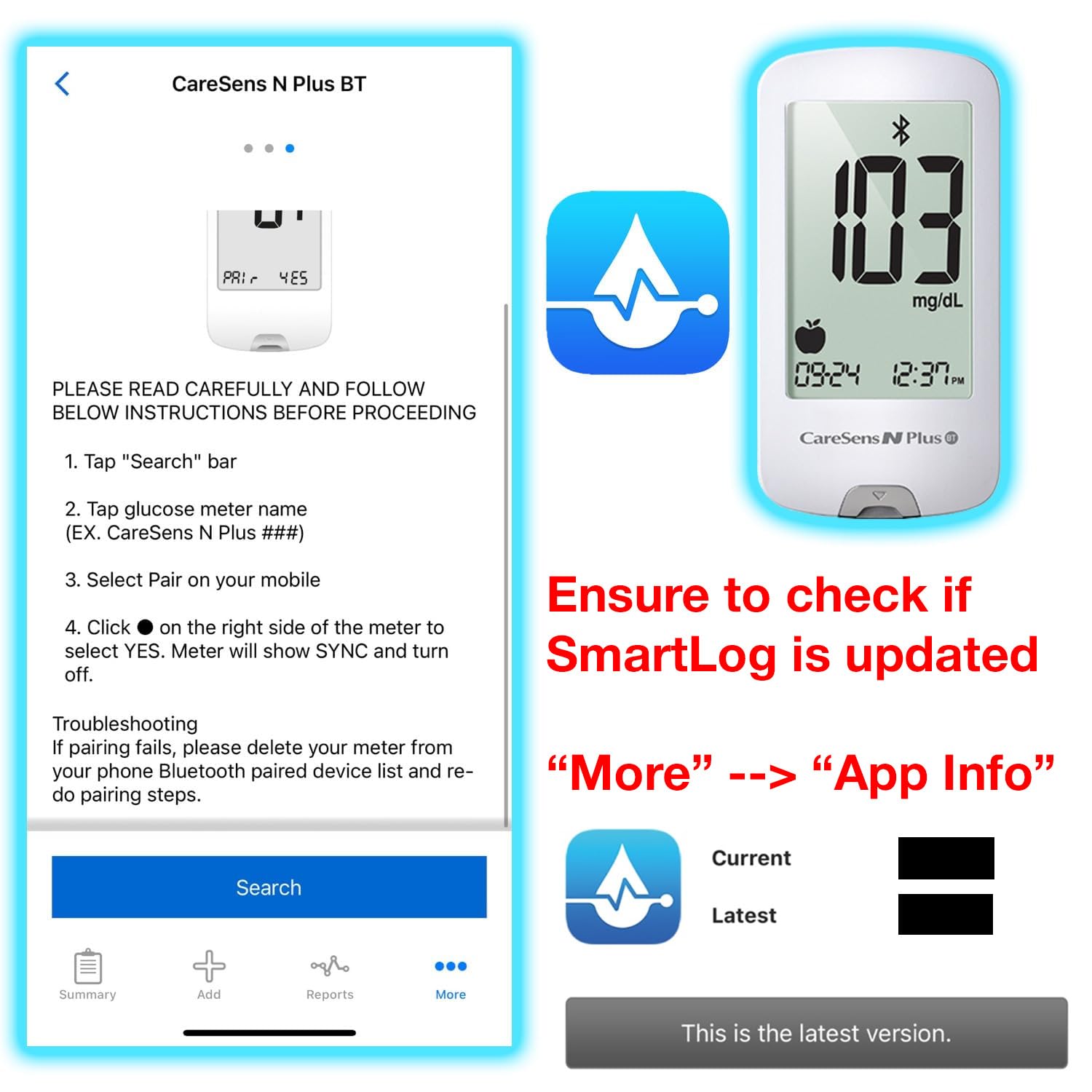 CareSens N Plus Bluetooth Blood Glucose Monitor Kit with 100 Blood Sugar Test Strips, 100 Lancets, 1 Blood Glucose Meter, 1 Lancing Device, Travel Case for Diabetes Testing Kit (Auto-Coding Glucometer kit with 1 Control Solution) for Personal Use