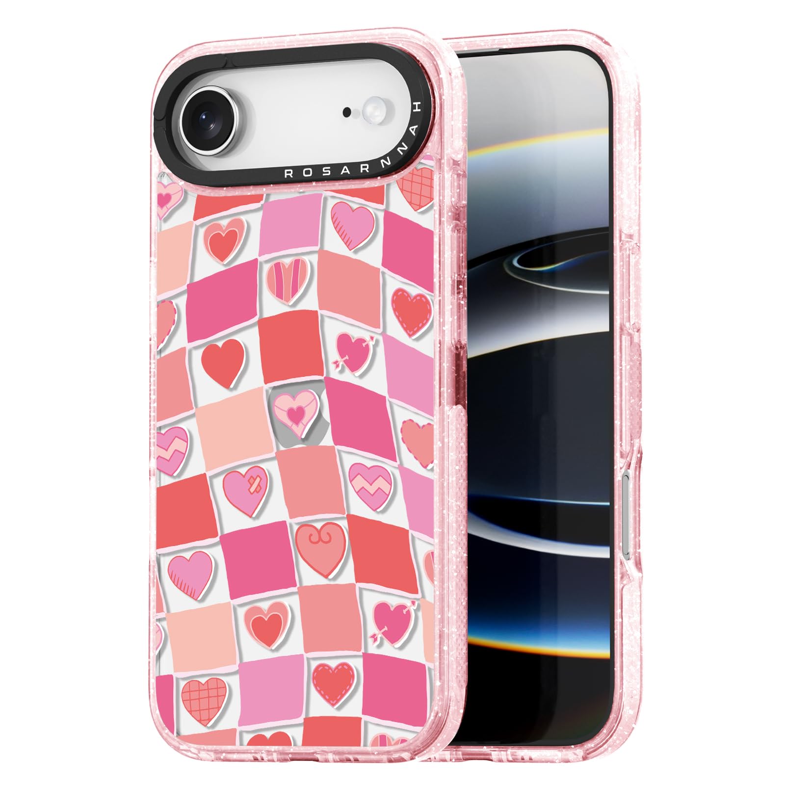 Rosarnnah for iPhone Air Case Cute - Durable Shockproof 6.6 ft Drop Impact Phone Case - Funny Checkered Love Design (6.5") Glitter Pink