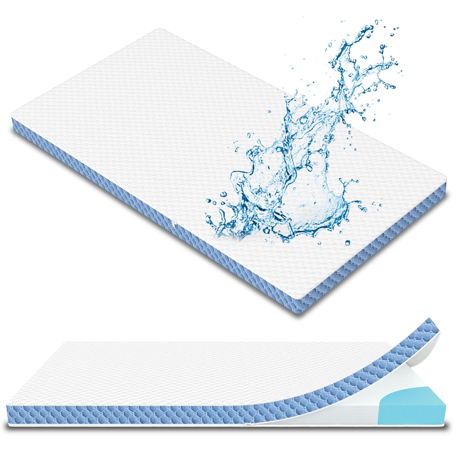 Photo 1 of 2" Crib Mattress Topper, Ultra-Soft Memory Foam 52"x27.5", Fits Standard Crib & Toddler Beds, Odorless & Noiseless Water-Proof Sleep Surface, Detachable and Washable Outer Cover, Pure White & Blue