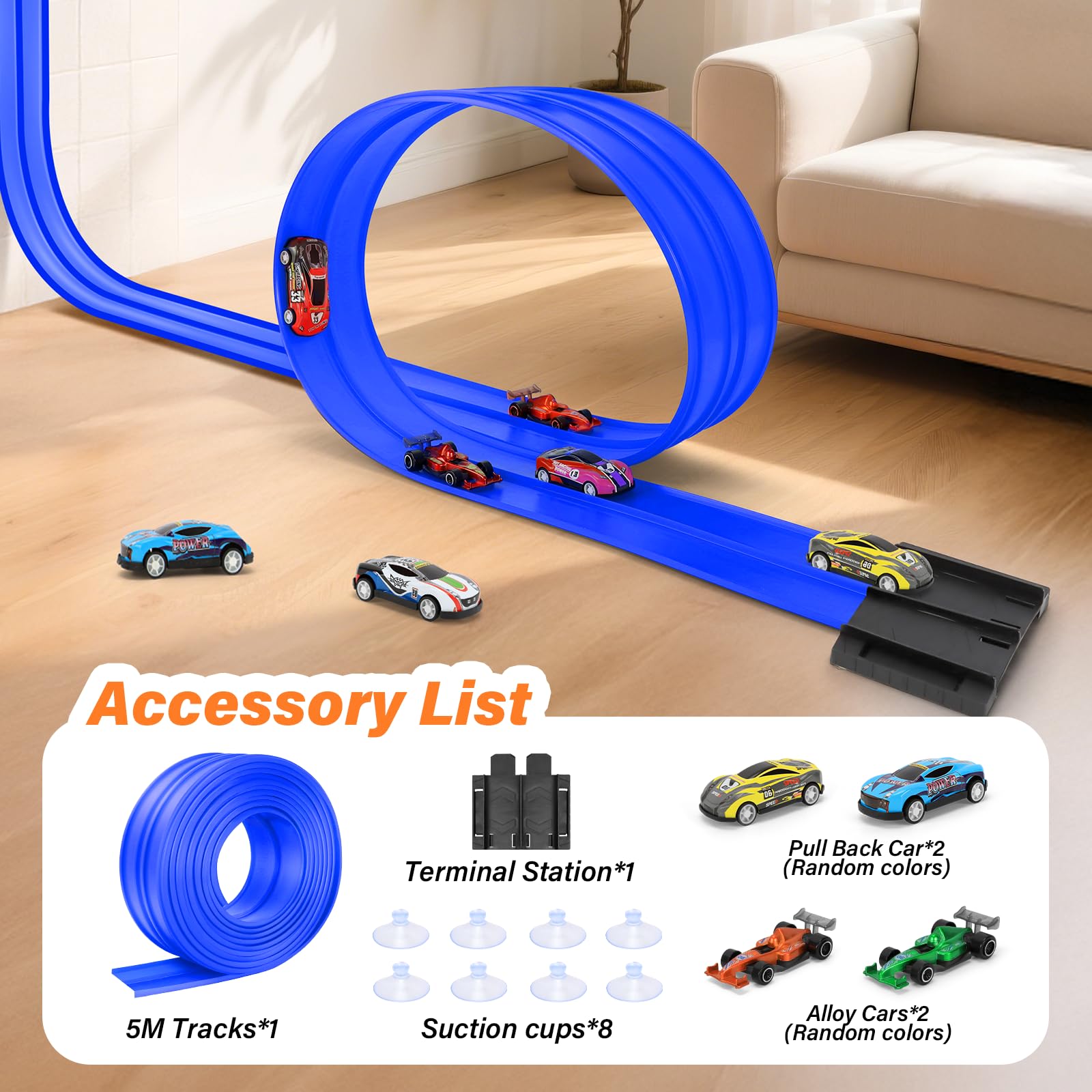 KETIEE Flex Tracks 16Ft for Kids: Flexible Race Car Ramp Track with 4 Small Racecars and 8 Suction Cups Compatible with Diecast 1/64th Cars, Rolls Up Portable Racetrack for Ages 3 & Up