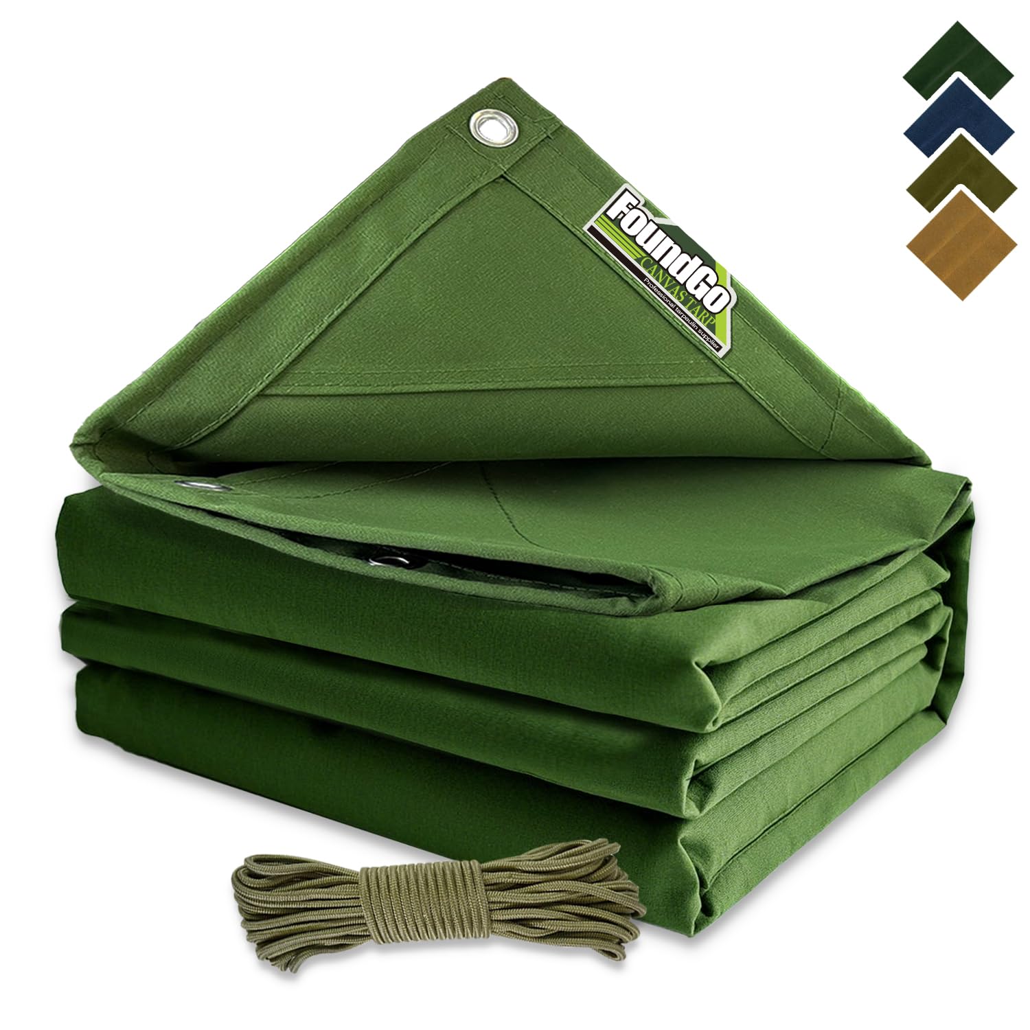 FoundGo Canvas Tarp 2x3m, 0.55mm/22 mil Canvas Tarpaulin Heavy Duty Water Resistant with Reinforced Grommets, Green Tarpaulin Cloth Covers for Car, Roof, Boat, Camp, Canopy with Ropes