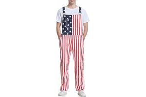 Bindefon American Flag Overalls for Men Women 4th of July Patriotic Jumpsuits Red White Blue Stripes Coveralls with Pockets