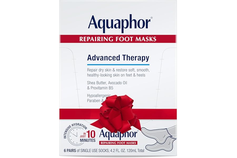 Aquaphor Repairing Foot Masks, Moisturizing Socks for Dry Feet with Avocado Oil and Shea Butter, Holiday Gifts for Self Care, Pack of 6