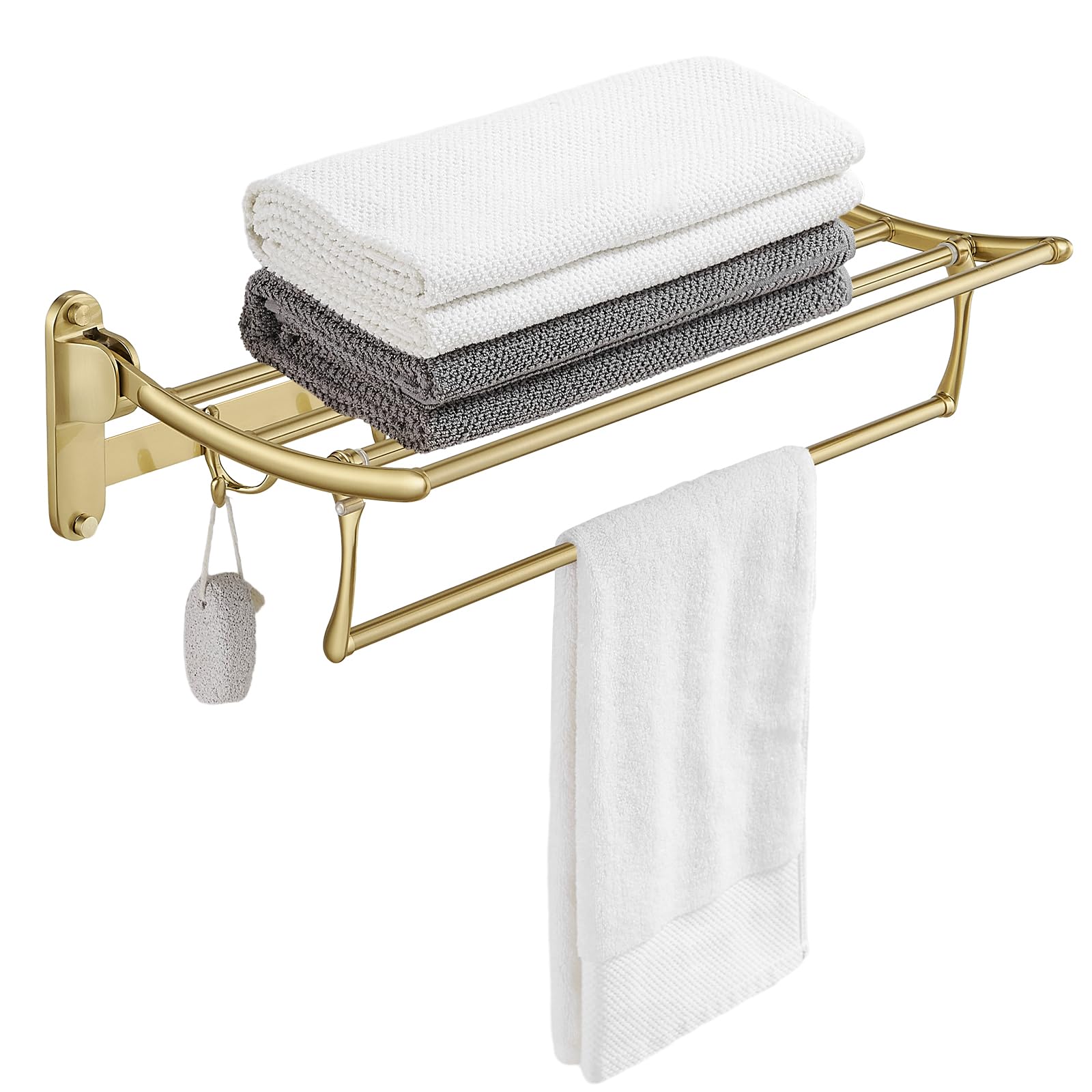 Photo 1 of (FAIR) BESy 24 Inch Brushed Gold Towel Racks, Bathroom Towel Shelf with Foldable Towel Bar Holder and Towel Hooks, Wall Mounted Multifunctional Bathroom Accessories, Double Towel Bars