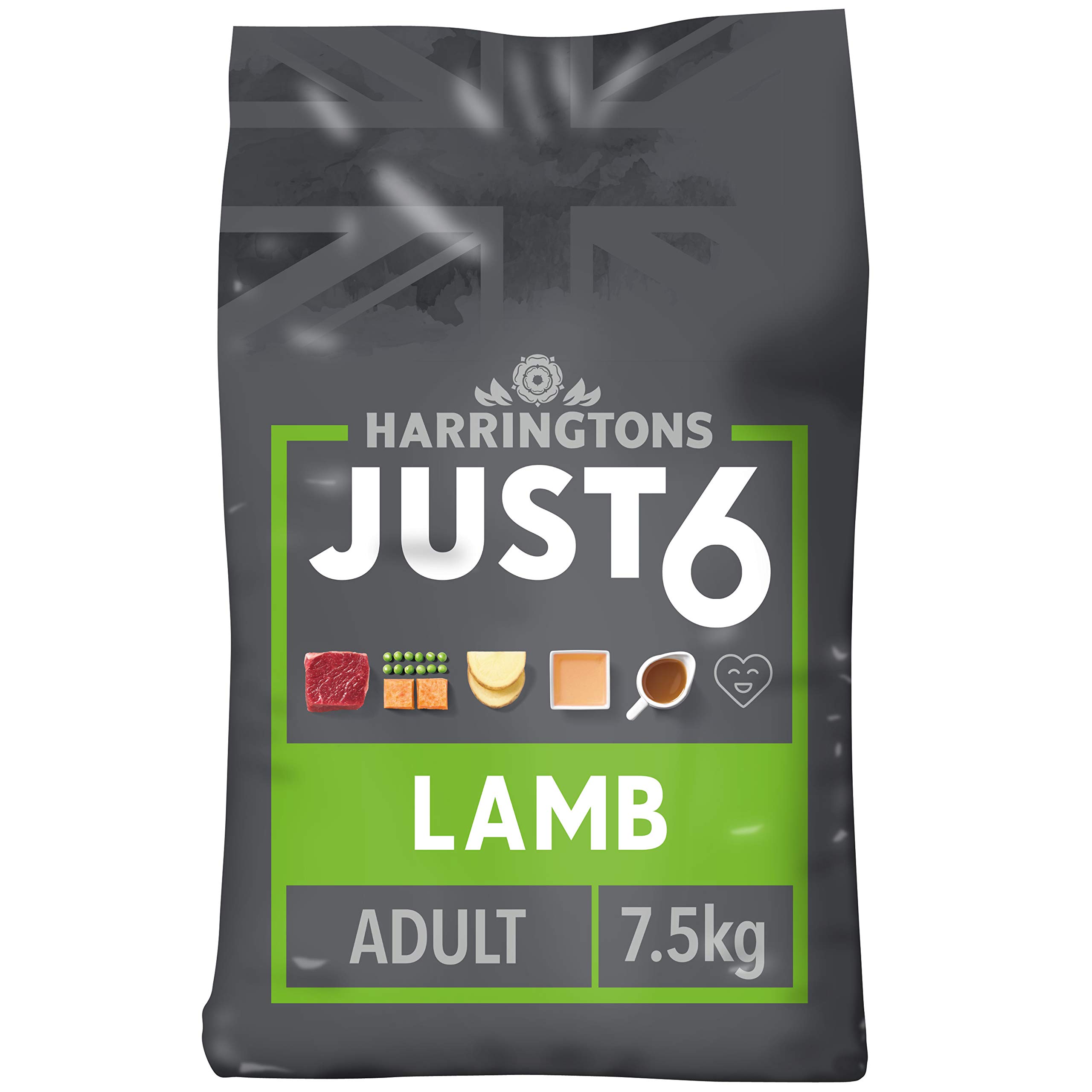 Harringtons Just 6 Slow Baked Complete Grain Free Lamb and Pea Dry Dog Food, 7.5kg
