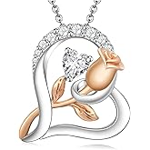 CCJM Rose Flower Heart Birthstone Necklaces for Women, 925 Sterling Silver Anniversary Jewelry, Pendant Heart Necklaces Birthday Anniversary Christmas Gift for Women Wife Mom Girlfriend Lady