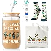XiQiCYun Plant Lover Gifts for Women, Cool Gardening Gifts for Plant Lady Mom, Funny Succulent Cactus Iced Coffee Glass Cup with Lid and Straw, Tote Bag, Socks, and Straw Covers