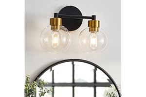 DINILUSE Black and Gold Bathroom Light Fixtures, 2 Lights Bathroom Vanity Light Black Round Finish,Clear Globe Glass Shades, Wall Sconce for Mirror, Bedroom, Living Room, Kitchen