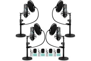 Movo PodPak4T 4-Pack Universal XLR Podcast Microphone Bundle- Includes 4 Cardioid Condenser Mics, Desktop Mic Stands, Pop Fil