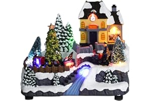 Skyant Christmas Village Houses with LED Lights, Train Spinning Under The Christmas Tree, Fiber Optic River, Realistic Christmas Scene,Music Rendering Atmosphere