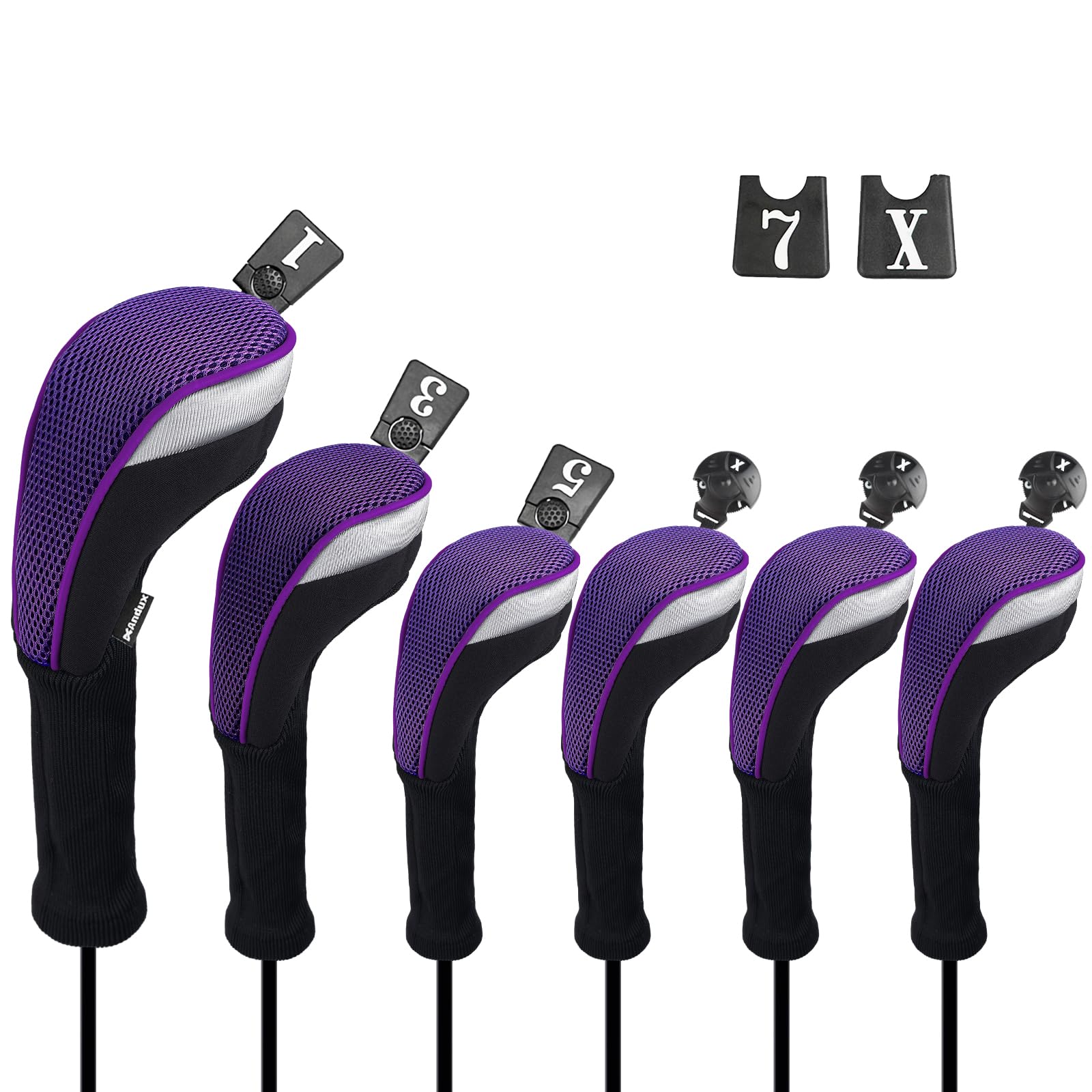 Andux 6pcs/Set Golf Club Head Covers Woods Driver Fairway Hybrid Set Long Neck (3 Hybrid + 3 Woods) Black/Purple