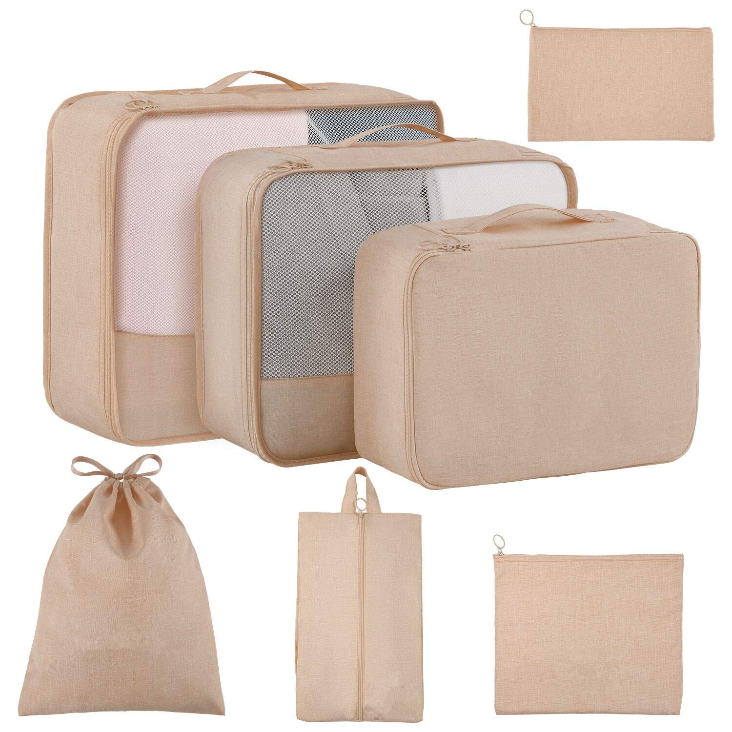 Packing Cubes for Suitcases 7 Set, Luggage Packing Organizers with Shoe Bag and Toiletry Bag (Beige)