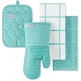 KITCHENAID Quilted Cotton Terry Cloth Oven Mitt, Pot Holder, Kitchen Towel 4-Pack Set, Heat Resistant, Silicone Grip, 16"x26", 7"x13" & 7"x10", Aqua Sky