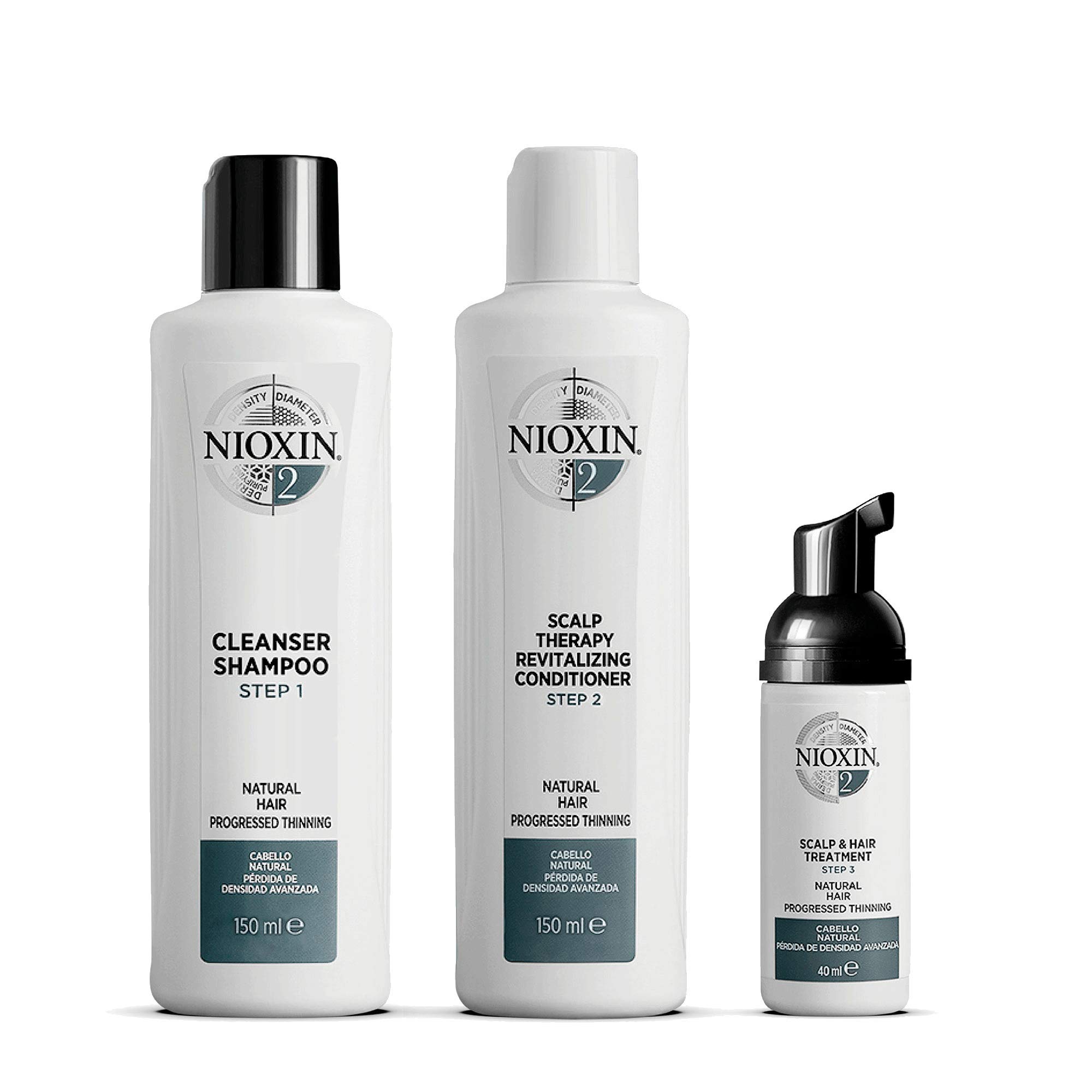 Nioxin 3-Part System, System 2 Natural Hair with Progressed Thinning, Hair Thickening Treatment, Scalp Therapy, Trial Kit