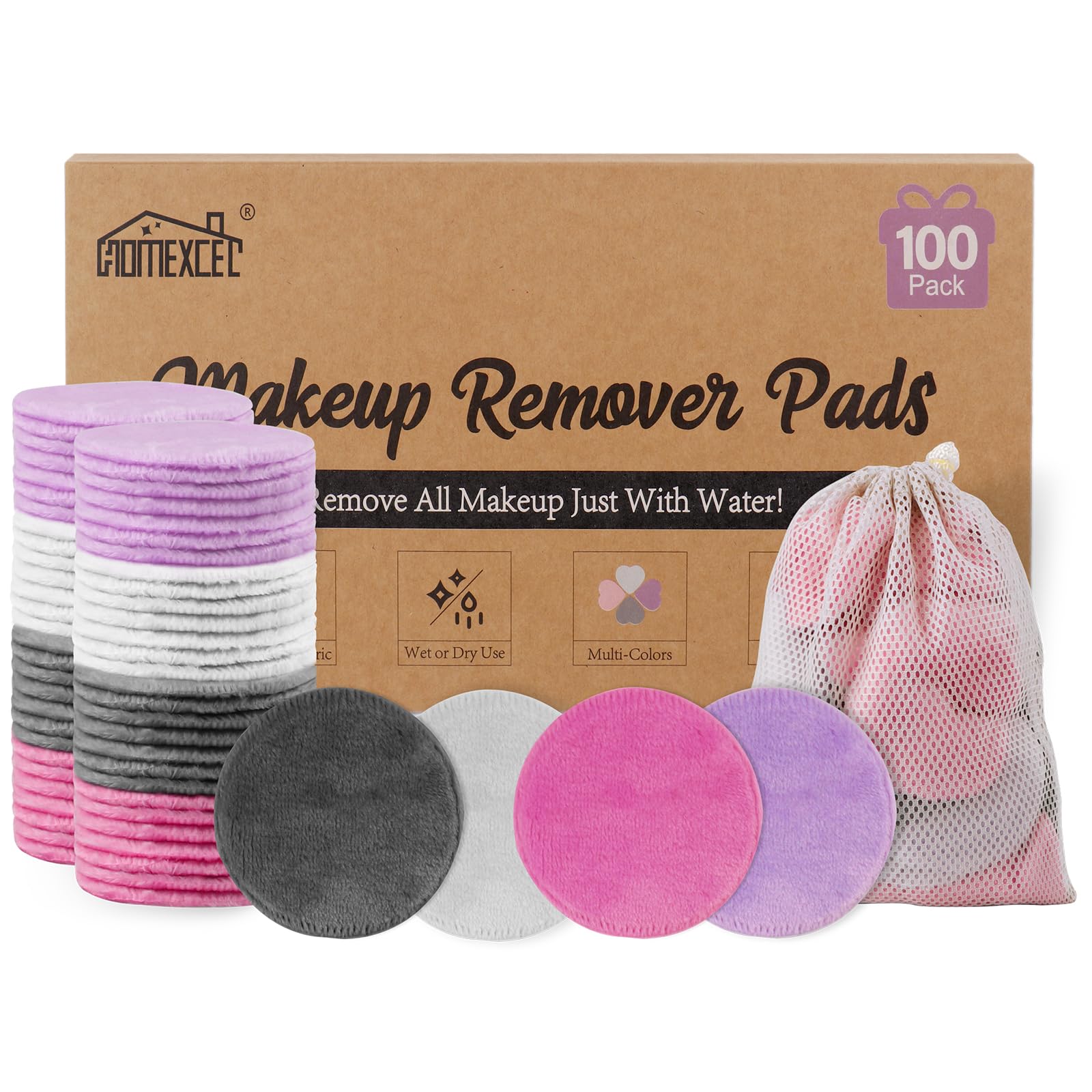 Photo 1 of HOMEXCEL Reusable Makeup Remover Pads 100 Pack-Makeup Remover Cloth Face Pads for Facial Cleansing-Soft Cotton Rounds for All Skin Types with Laundry Bag (Grey-White-Purple-Pink)