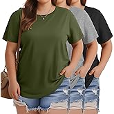 Huukeay 3 Pack Women's Plus Size T Shirts Crew Neck Short Sleeve Tees Curved Hem Loose Fit Summer Casual Baggy Tops