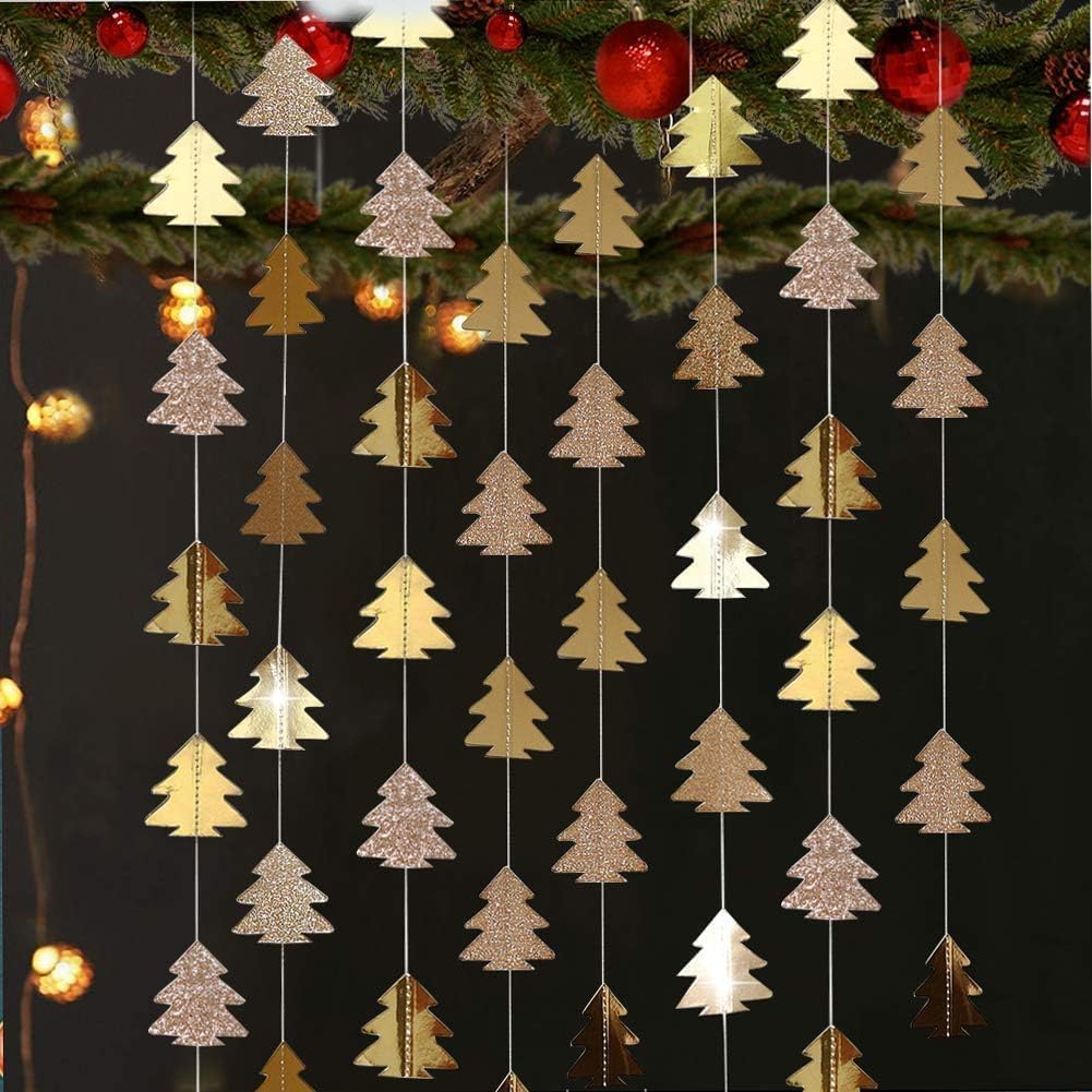 Cheerland Glitter Champagne Gold Christmas Tree Garland Kit for Xmas Home Party Decoration Hanging Streamer Backdrop Xmas Tree Garland Decor for Living Room Mantle Window Doorway