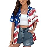 American Flag Shirt for Women: 4th July Graphic T-Shirts Patriotic USA Flag Star Stripes Tees Hawaiian Button Down Tops