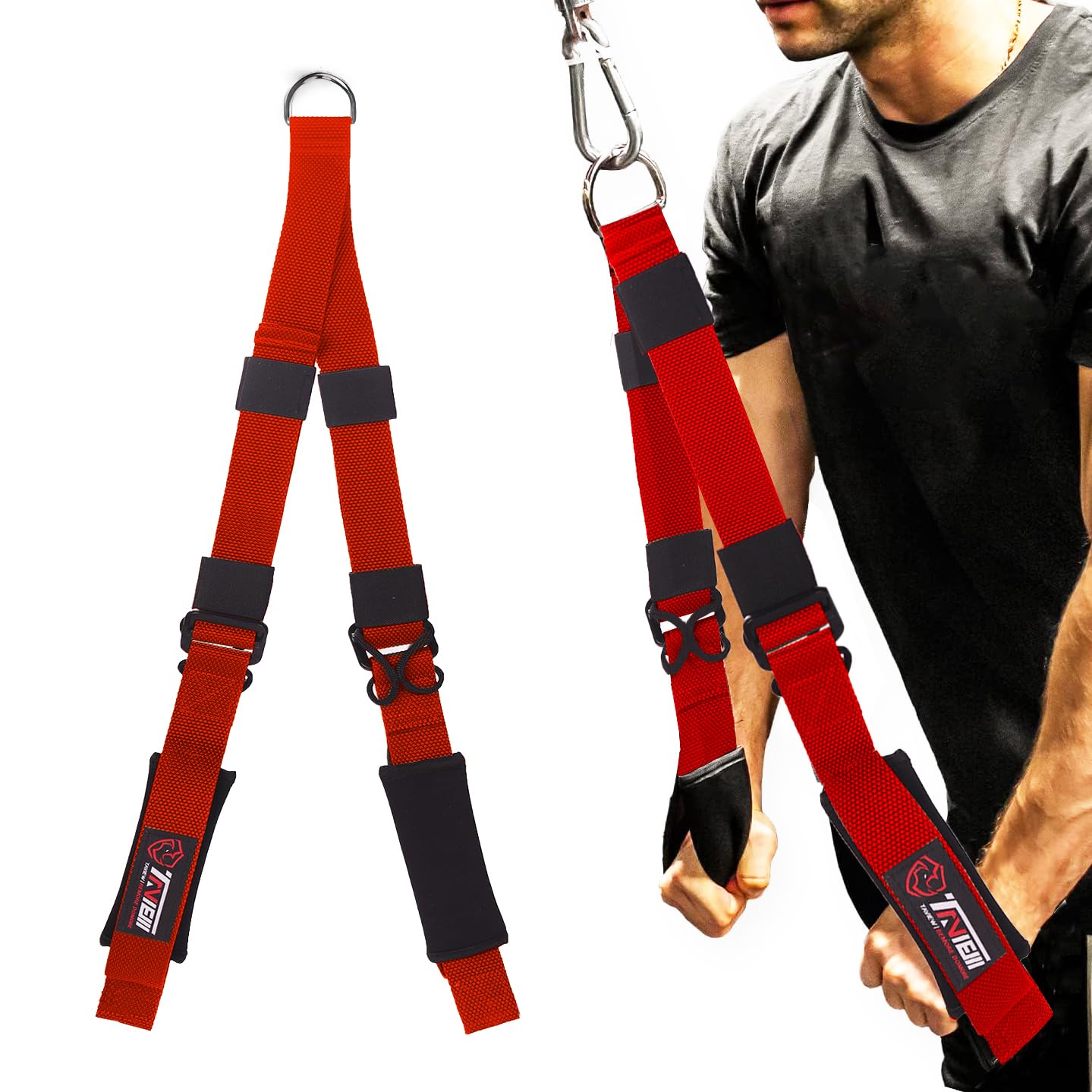 TAVIEW Tricep Rope Cable Attachment (Two Lengths Built in One) Greater Range of Motion,Tricep Pull Down Rope Extension Straps Cable Crossover Accessories (Red Adjustable Length (13-28inch))