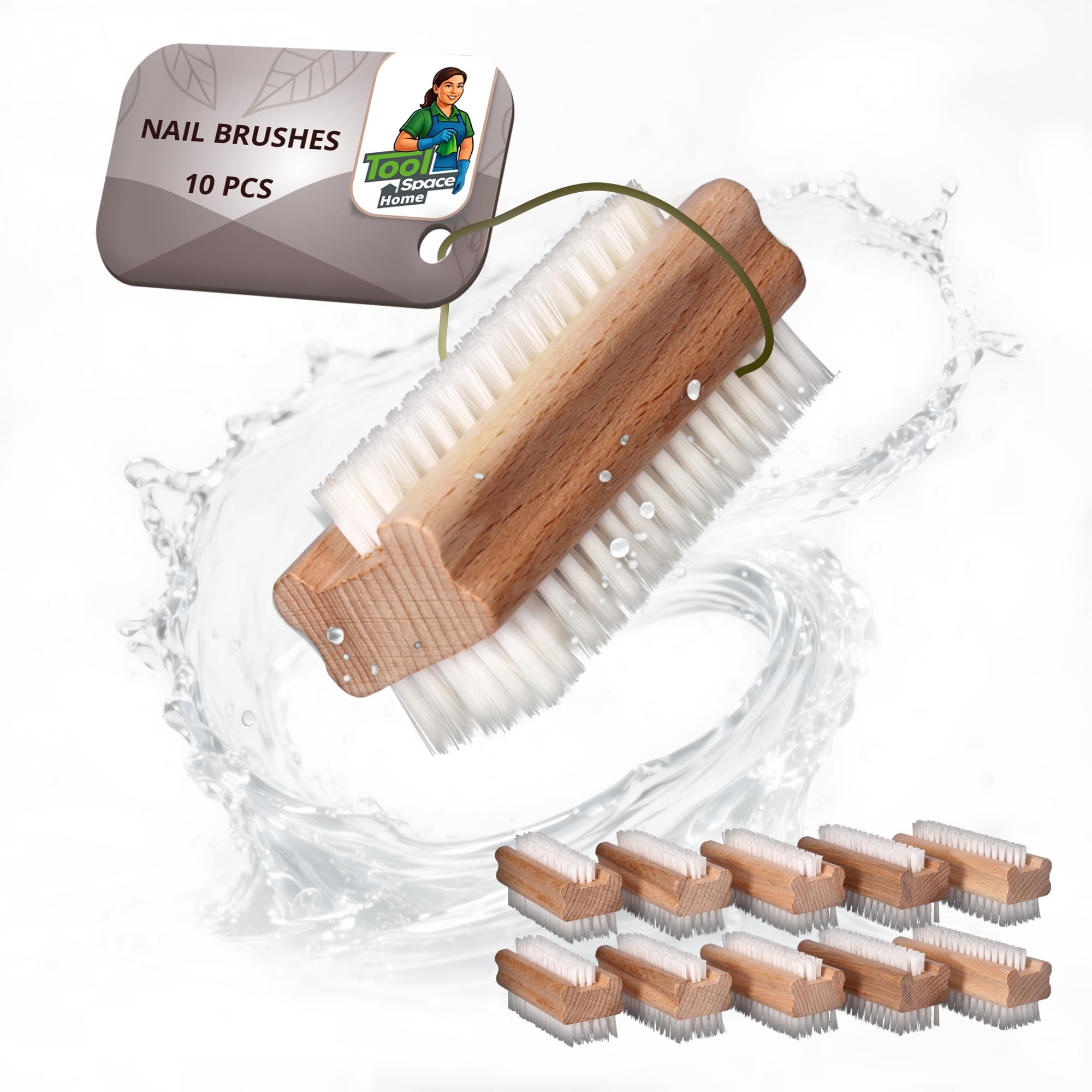 ToolSpace 10x Wooden Nail Brush Double Sided - Everyday Use - Nail Brushes for cleaning nails - Scrubbing Brush for Hands Feet - Nails Manicure Pedicure for Women Man Kids - Nail Scrubber Natural Wood
